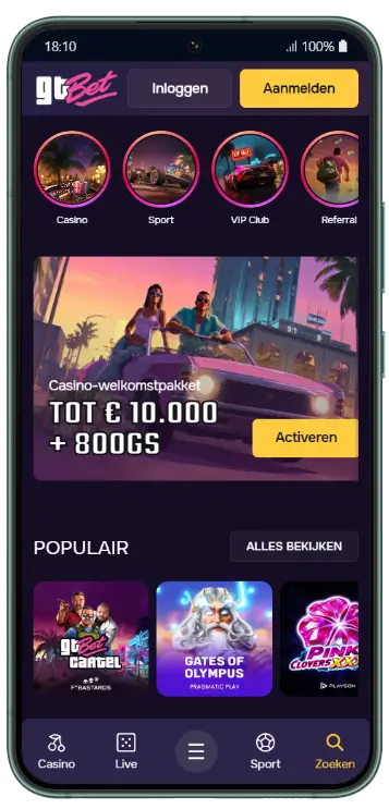 Casino- en sportaanbod in één oogopslag gtBet startpagina met welkomstpakket